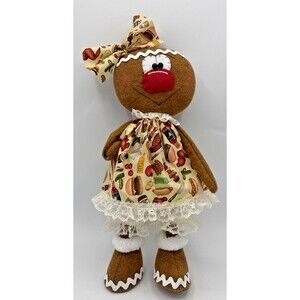 Vintage Handmade Felt Gingerbread Girl Doll BBQ Food Dress 14" Super CUTE!